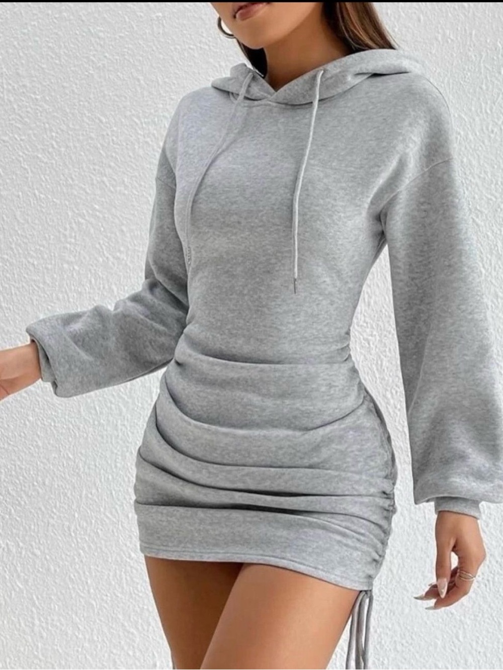 2396 -Casual Drawstring Ruched Hooded Bodycon Mini Sweatshirt Dress - Picture 2 of 16